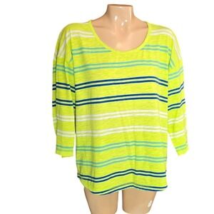 T by Talbots Top XL Lime Green Striped Keyhole Back 3/4 Sleeve Cotton Modal